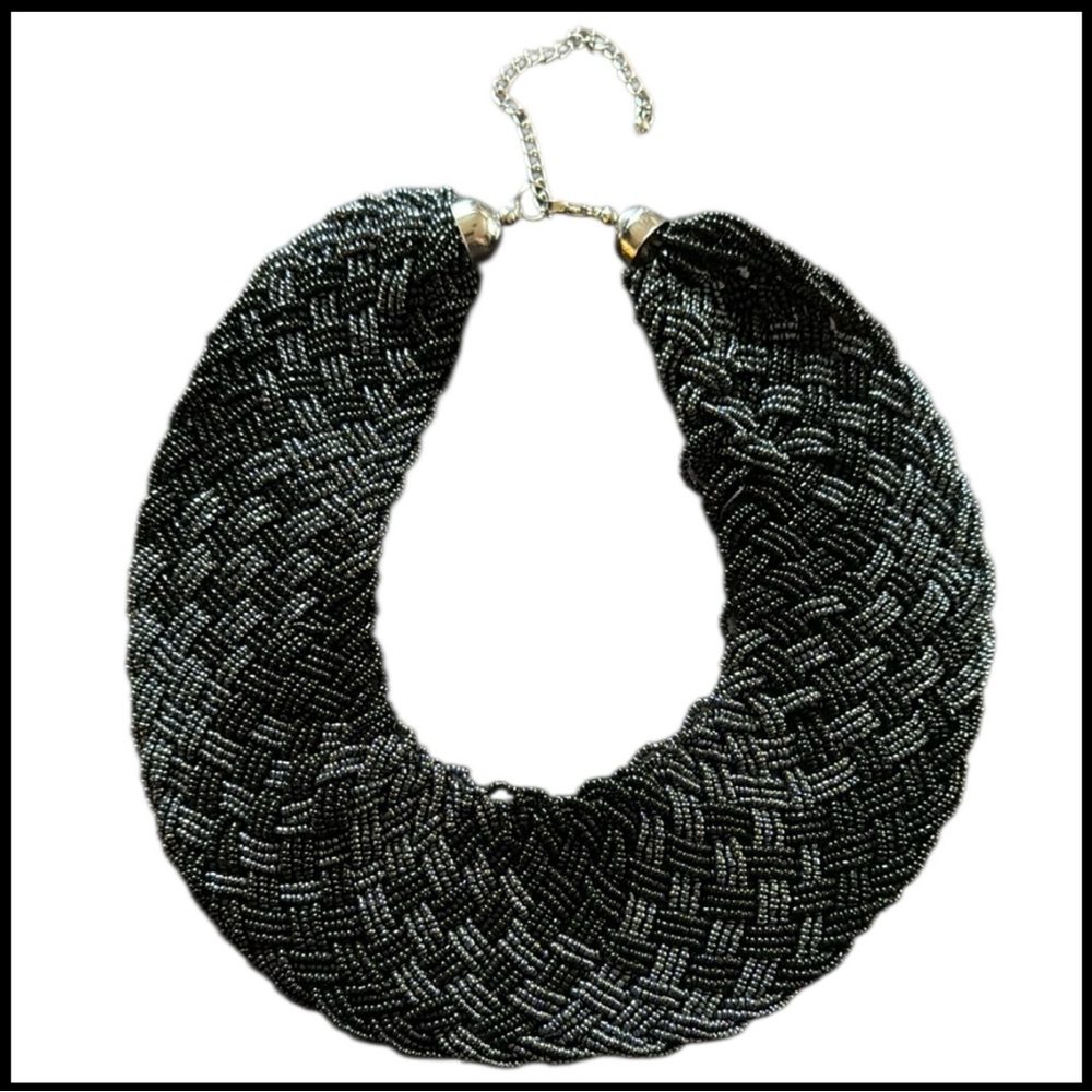 𝐙𝐀𝐑𝐀 Chunky Black and Blue Heavily Beaded Braided  Bib Collar Statement Necklace